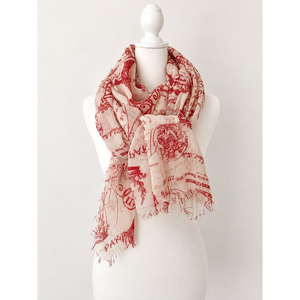 Sheer Parisian Red and Cream Rectangle Eiffel Tower Scarf 45x68 Travel Wrap